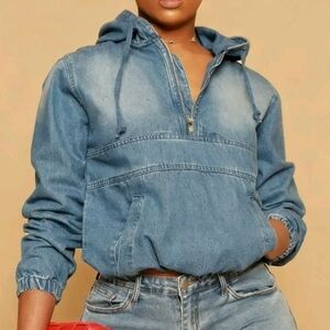 Women's Half Zip Blue Denim Hoodie Jacket - XL - Brand New - No Tags